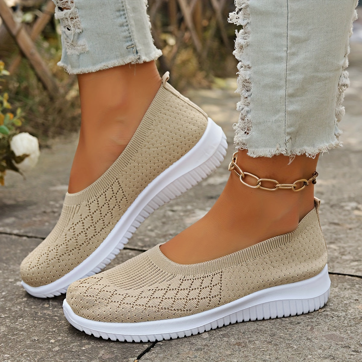 Dames slip-on schoenen — gebreid textiel met ronde neus en flexibele zool