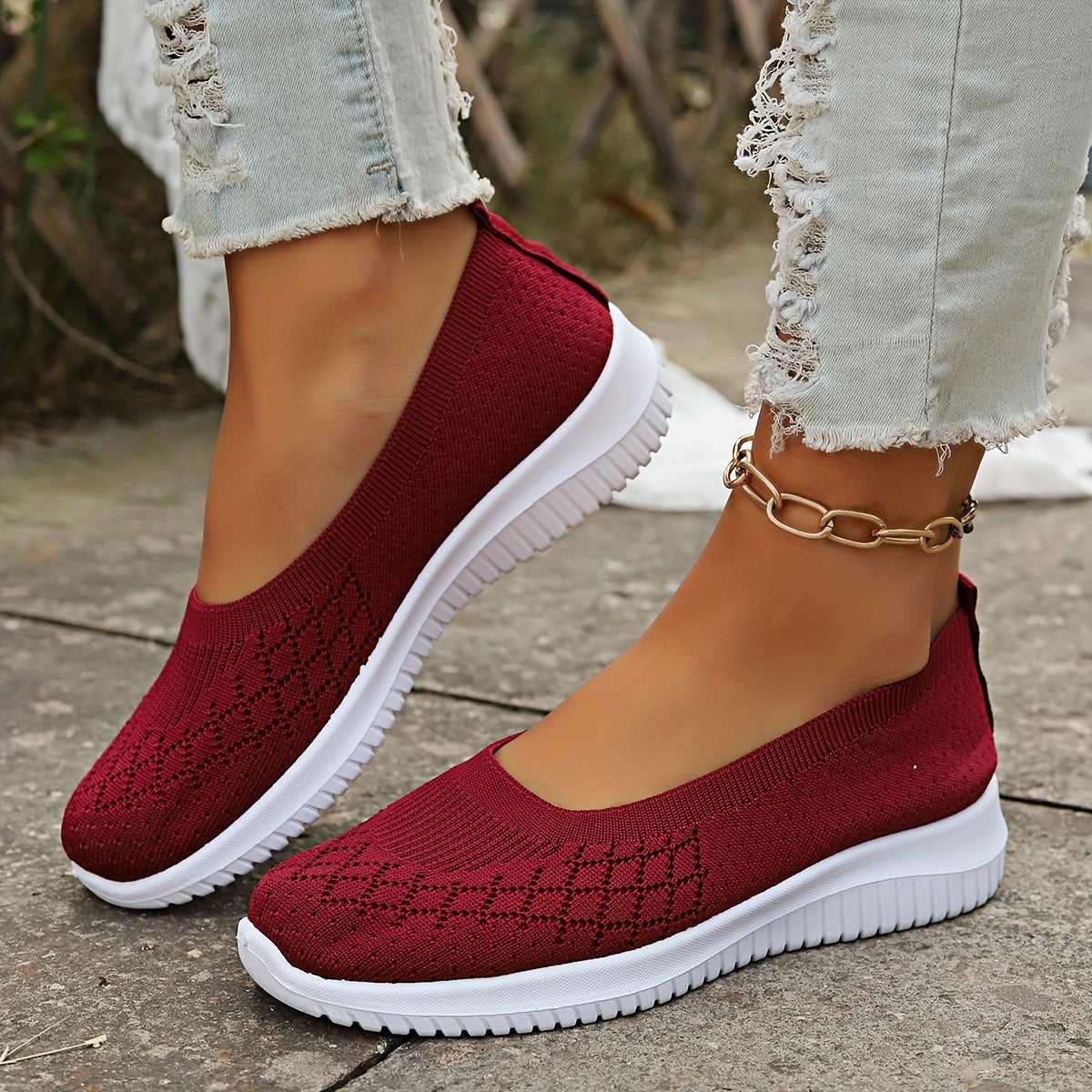 Dames slip-on schoenen — gebreid textiel met ronde neus en flexibele zool