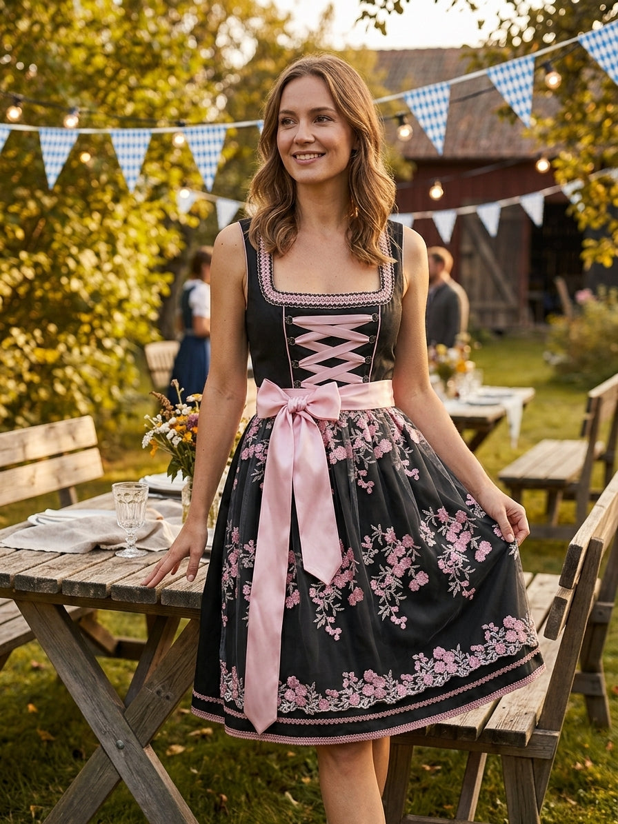 Dirndl dames, gebloemd — Oktoberfestjurk met kanten details in katoenmix