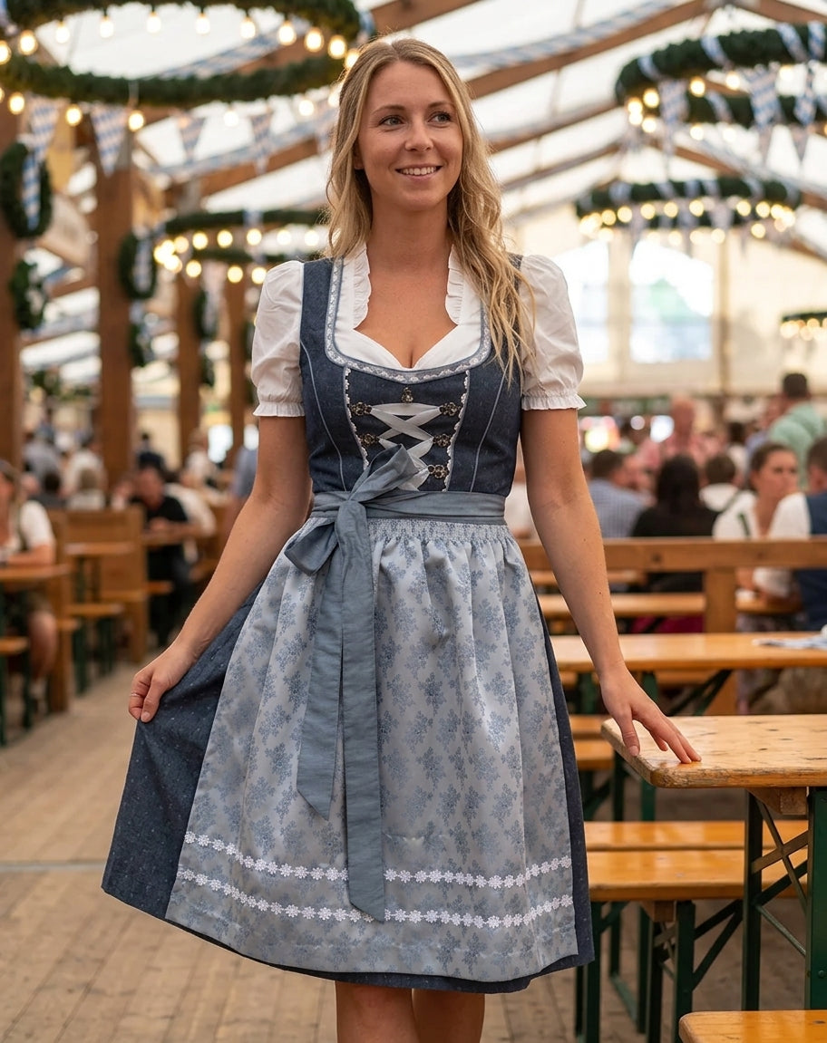 Dames dirndl-set, driedelig — traditionele dirndl-jurk met schort en blouse voor het Oktoberfest