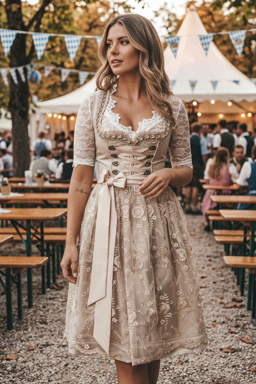 Dirndl-jurk voor dames — traditionele klederdracht met vetersluiting in de taille voor het Oktoberfest