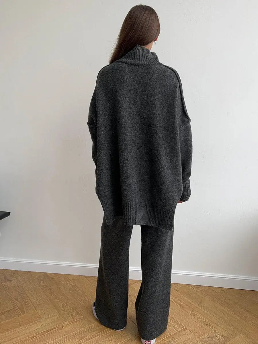 Dames set, effen — gebreide trui en wijde broek