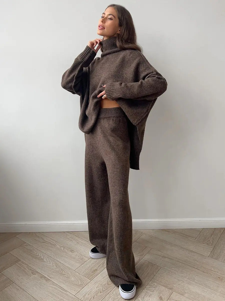 Dames set, effen — gebreide trui en wijde broek