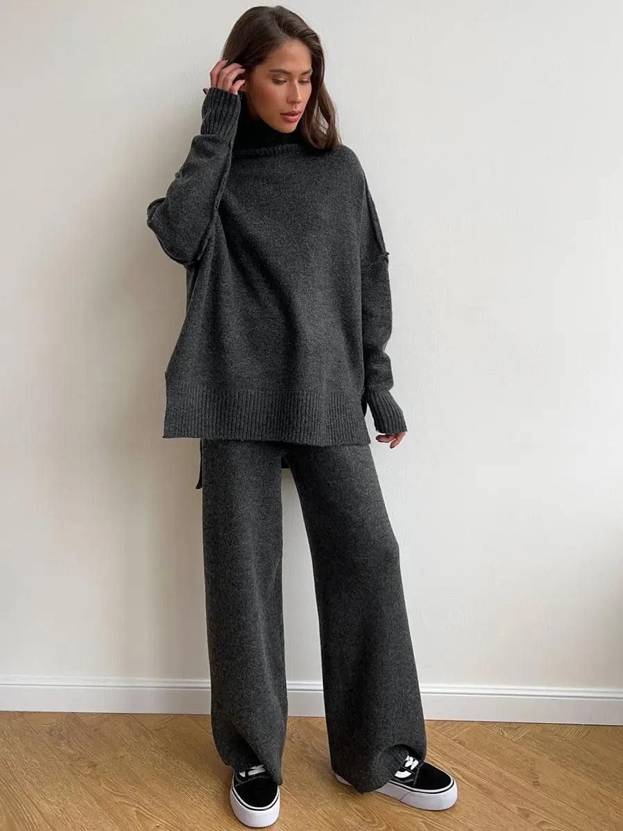 Dames set, effen — gebreide trui en wijde broek