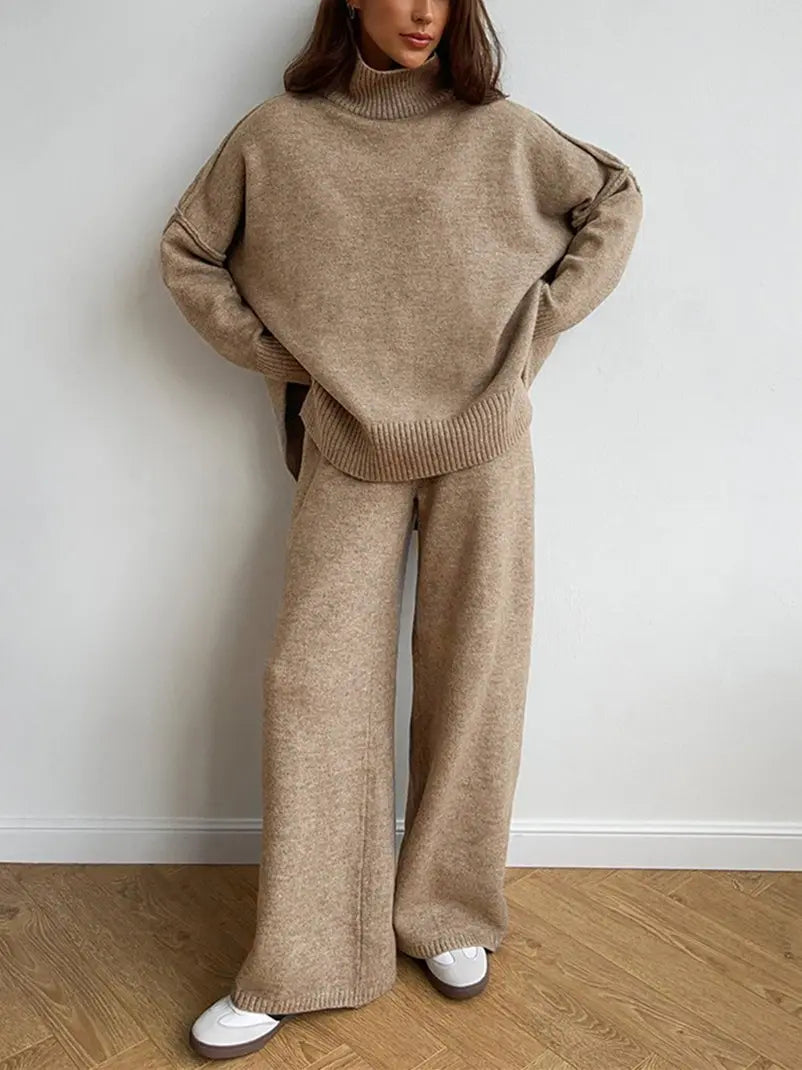 Dames set, effen — gebreide trui en wijde broek