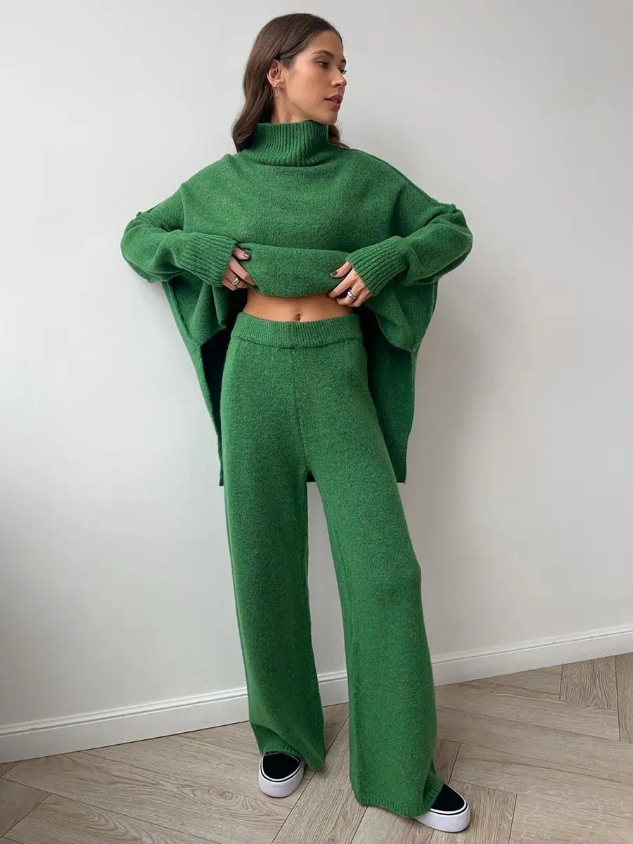 Dames set, effen — gebreide trui en wijde broek