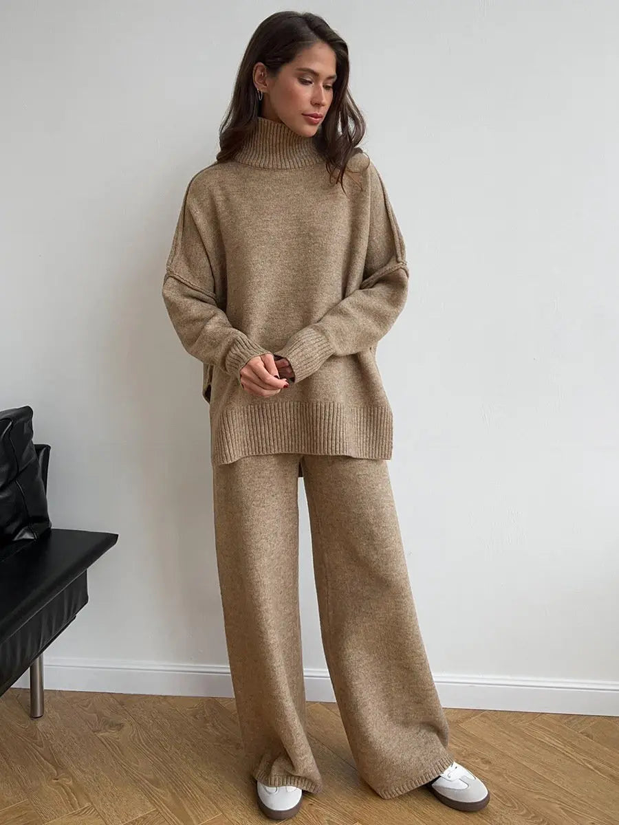 Dames set, effen — gebreide trui en wijde broek