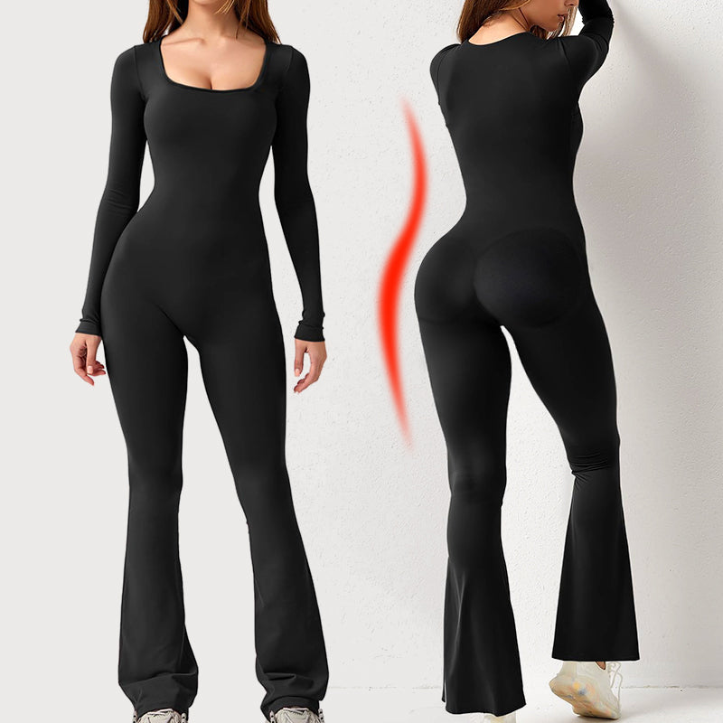 Damesjumpsuit, lange mouwen — vierkante halslijn en wijde pijpen voor feestelijke gelegenheden