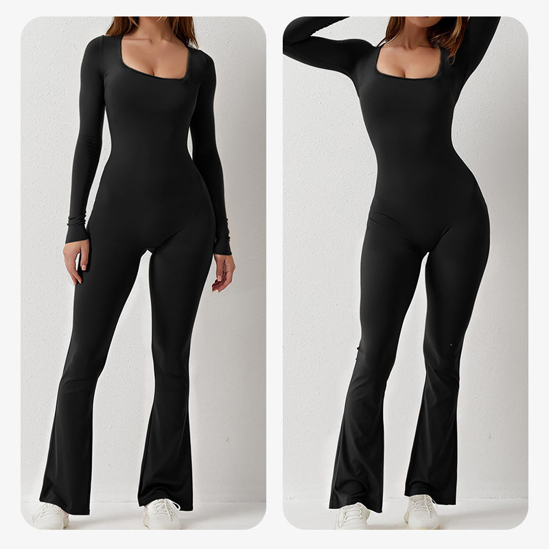 Damesjumpsuit, lange mouwen — vierkante halslijn en wijde pijpen voor feestelijke gelegenheden