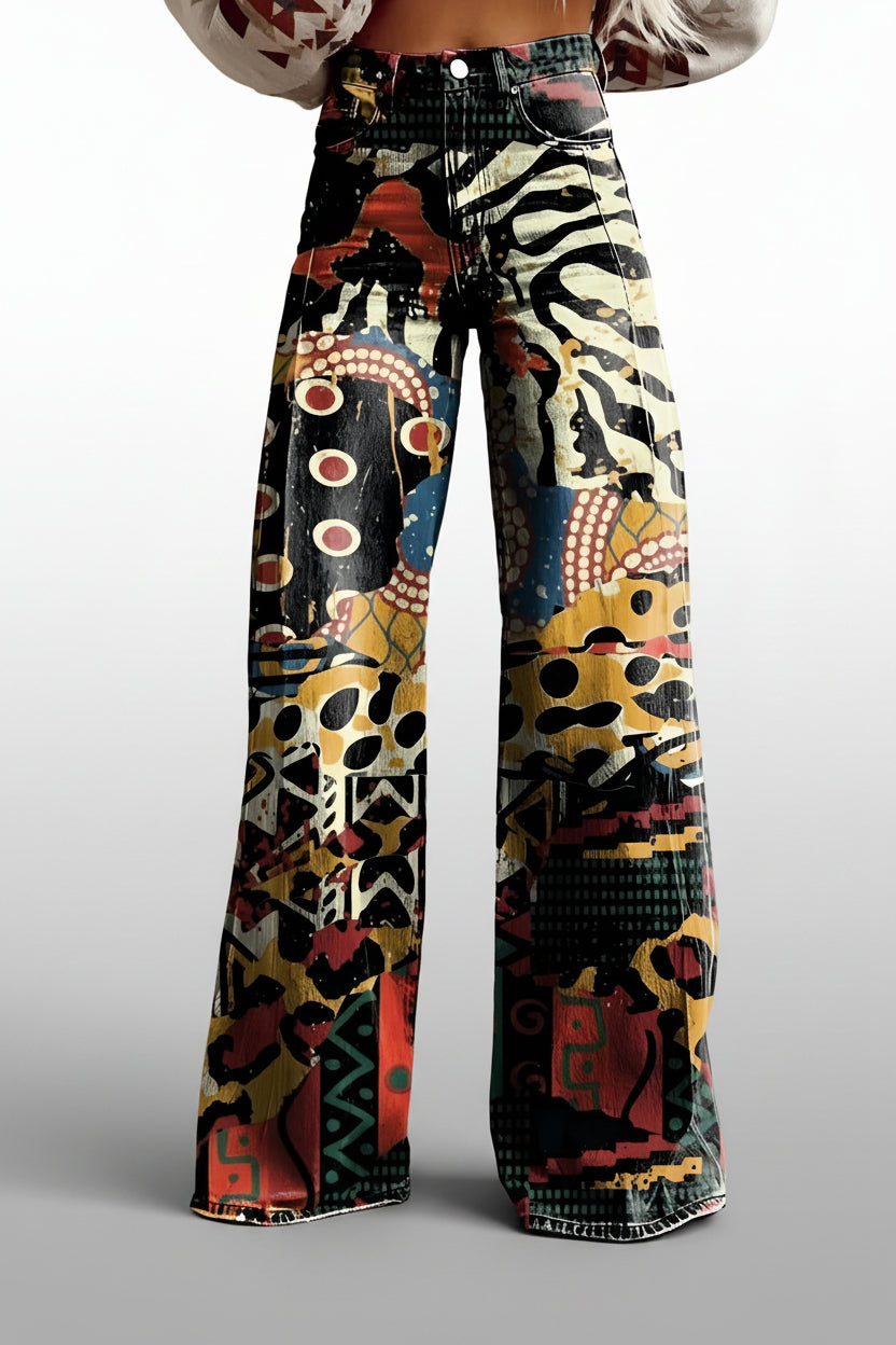 Damesjeans, wijde pijpen — high-waist, uitlopende jeans met bloemenprint