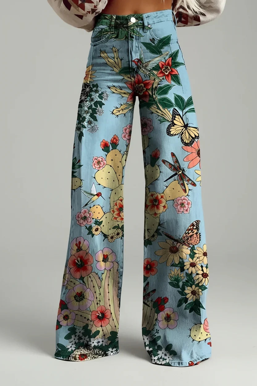 Damesjeans, wijde pijpen — high-waist, uitlopende jeans met bloemenprint