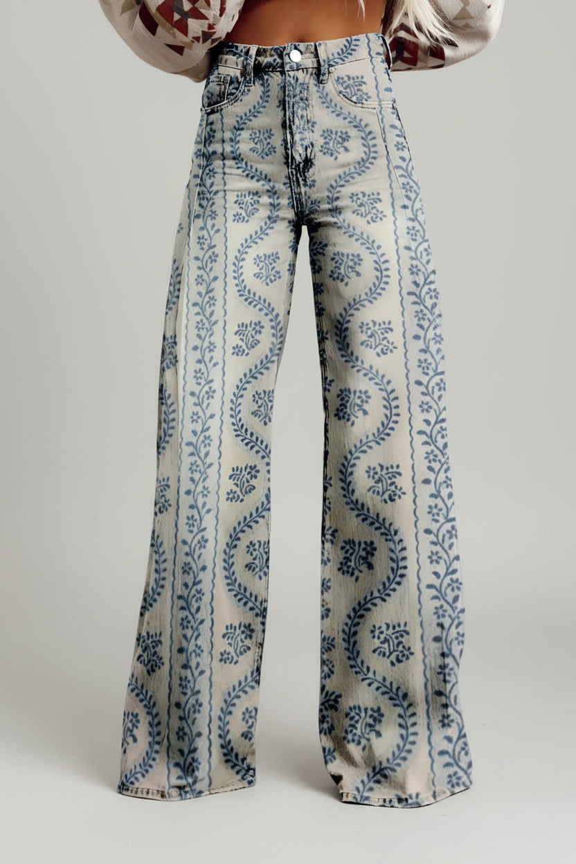 Damesjeans, wijde pijpen — high-waist, uitlopende jeans met bloemenprint