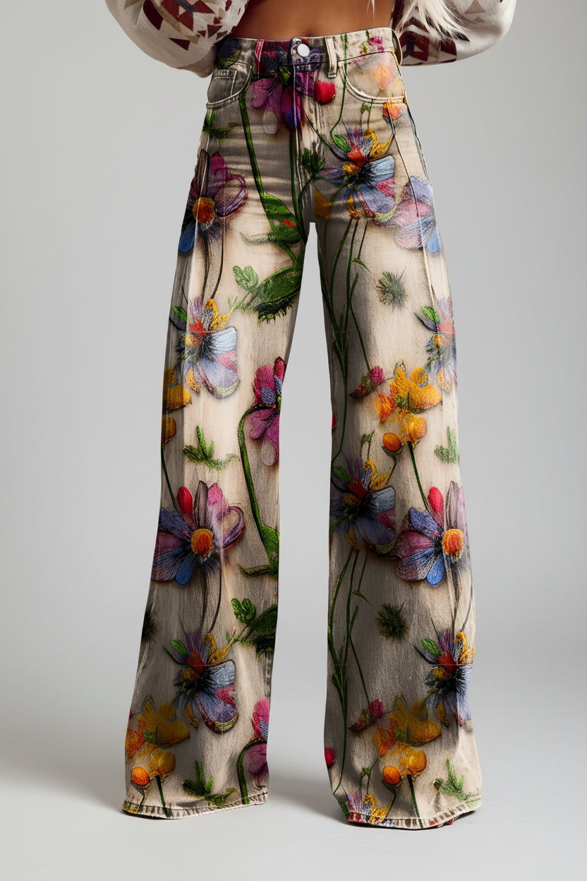 Damesjeans, wijde pijpen — high-waist, uitlopende jeans met bloemenprint