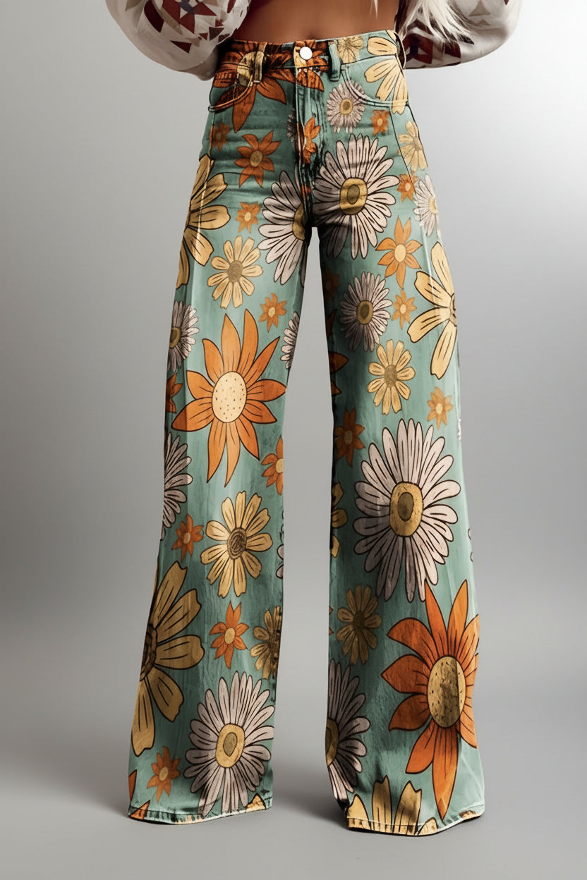 Damesjeans, wijde pijpen — high-waist, uitlopende jeans met bloemenprint