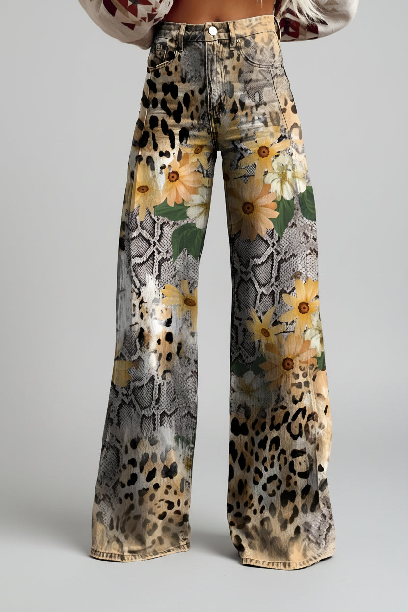 Damesjeans, wijde pijpen — high-waist, uitlopende jeans met bloemenprint