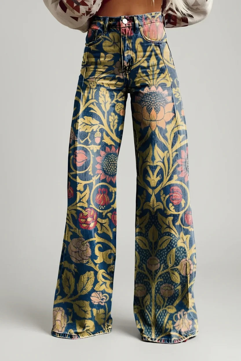Damesjeans, wijde pijpen — high-waist, uitlopende jeans met bloemenprint