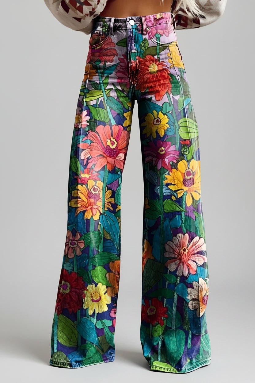 Damesjeans, wijde pijpen — high-waist, uitlopende jeans met bloemenprint