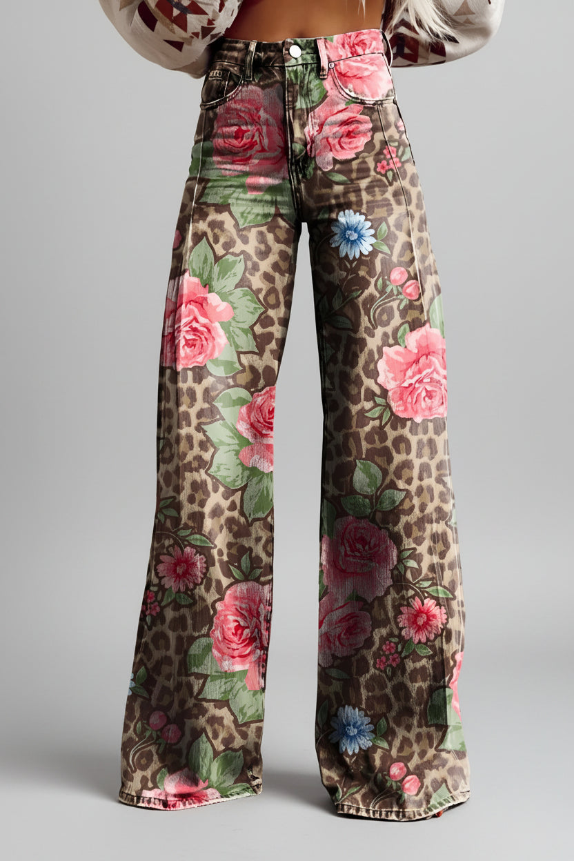 Damesjeans, wijde pijpen — high-waist, uitlopende jeans met bloemenprint
