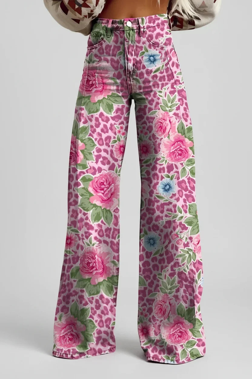 Damesjeans, wijde pijpen — high-waist, uitlopende jeans met bloemenprint