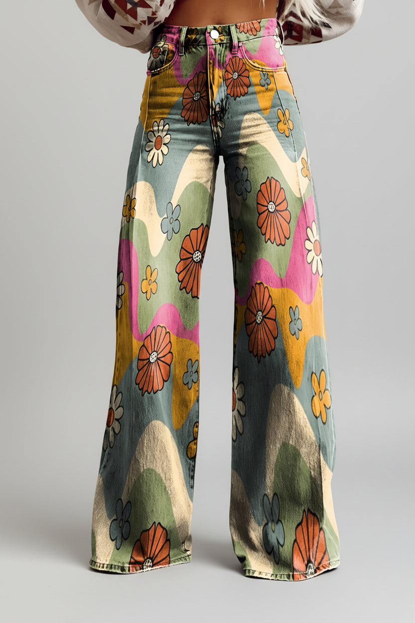 Damesjeans, wijde pijpen — high-waist, uitlopende jeans met bloemenprint