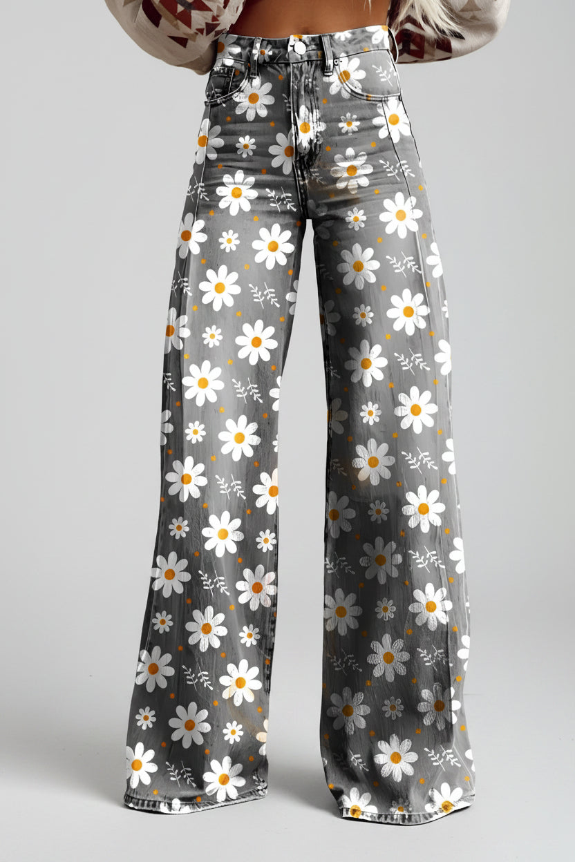 Damesjeans, wijde pijpen — high-waist, uitlopende jeans met bloemenprint