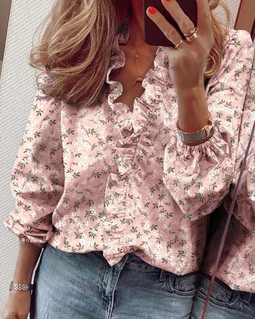 Blouse voor dames met ruches — V-hals blouse met lange mouwen van viscose met bloemenprint