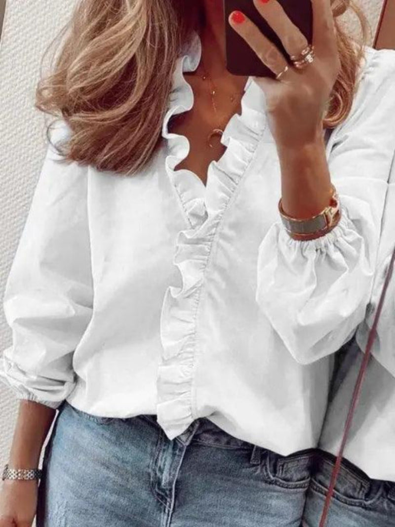 Blouse voor dames met ruches — V-hals blouse met lange mouwen van viscose met bloemenprint