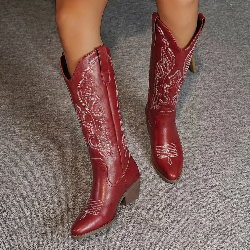 Dames cowboylaarzen van imitatieleer — kniehoge westernlaarzen met borduursel en blokhak