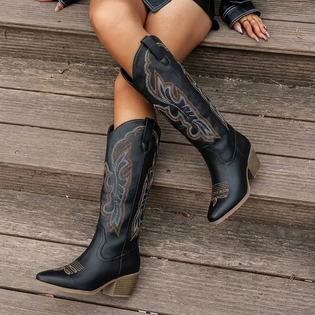 Dames cowboylaarzen van imitatieleer — kniehoge westernlaarzen met borduursel en blokhak