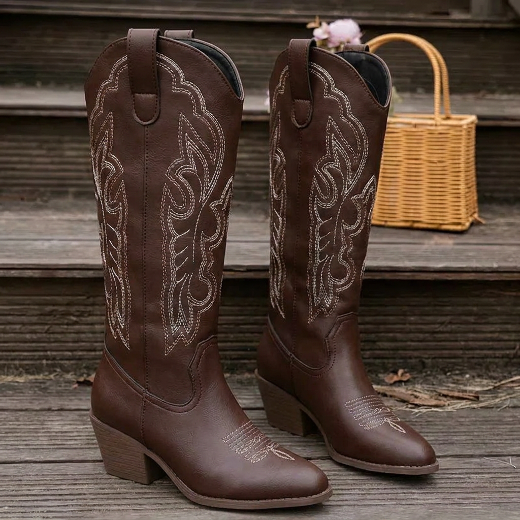Dames cowboylaarzen van imitatieleer — kniehoge westernlaarzen met borduursel en blokhak