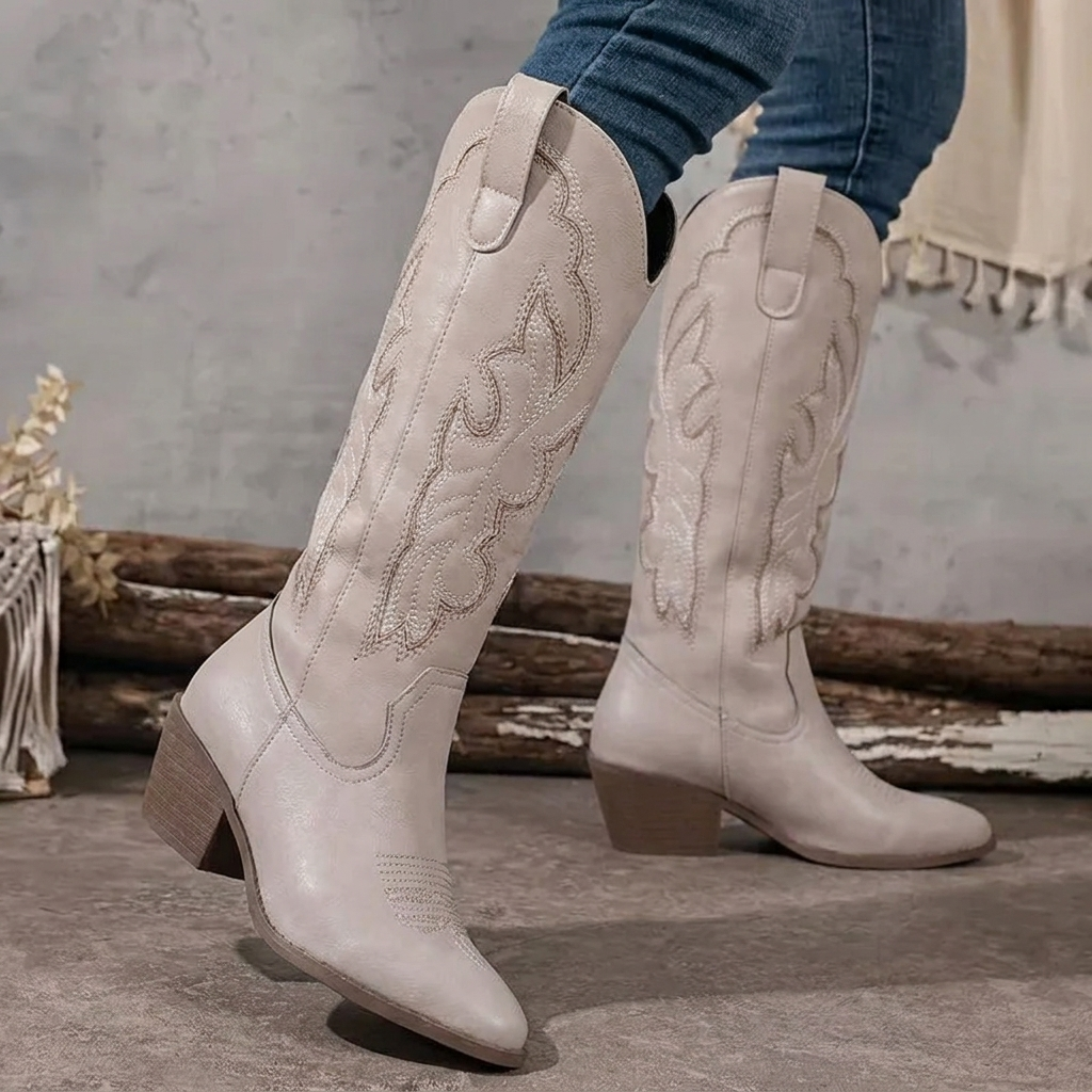 Dames cowboylaarzen van imitatieleer — kniehoge westernlaarzen met borduursel en blokhak