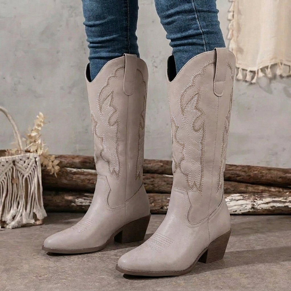 Dames cowboylaarzen van imitatieleer — kniehoge westernlaarzen met borduursel en blokhak