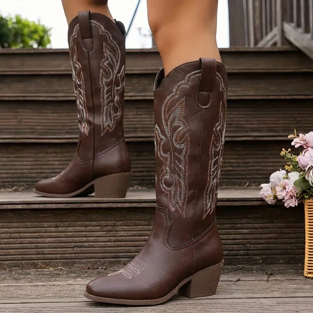 Dames cowboylaarzen van imitatieleer — kniehoge westernlaarzen met borduursel en blokhak