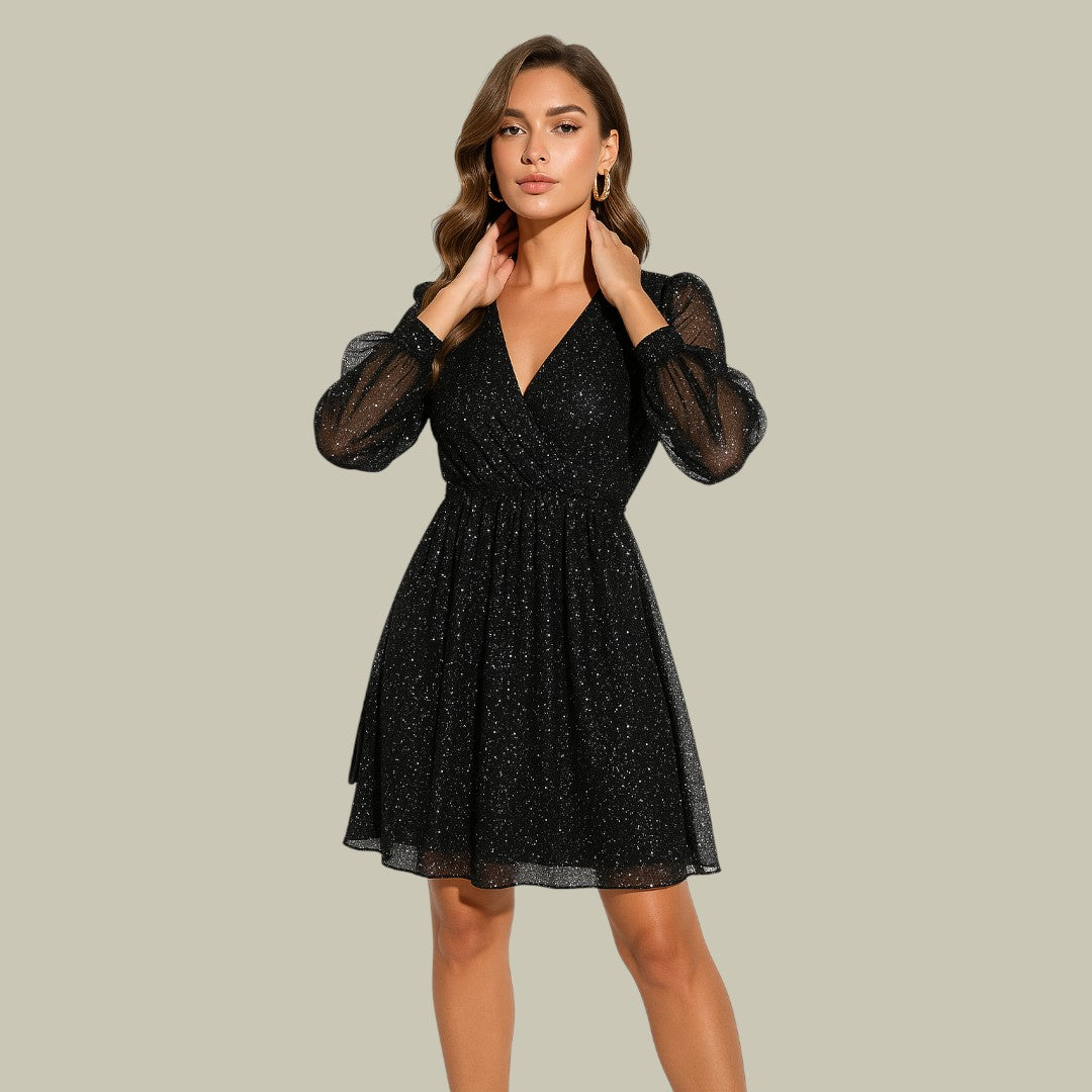 Glitterende mesh feestjurk voor dames — V-hals minijurk met pofmouwen