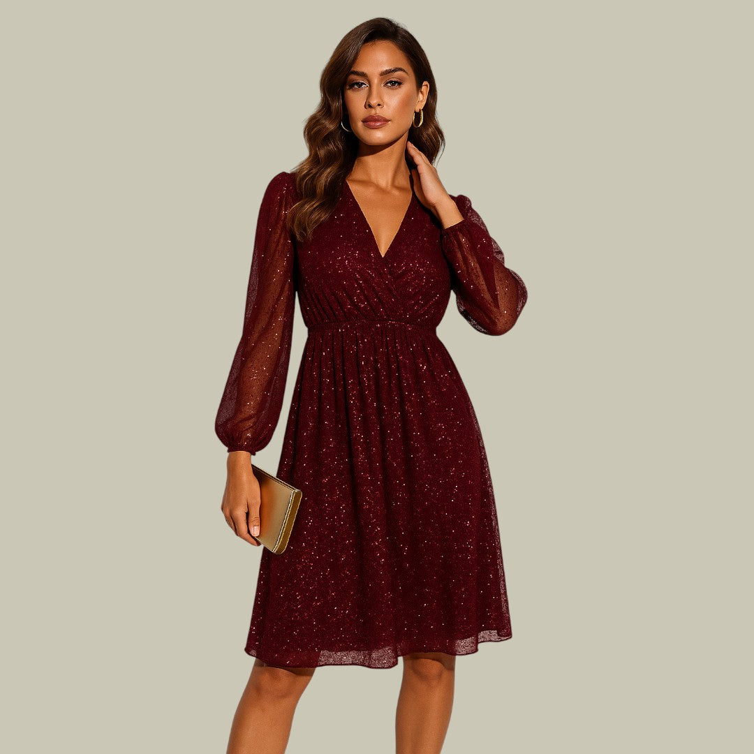 Glitterende mesh feestjurk voor dames — V-hals minijurk met pofmouwen